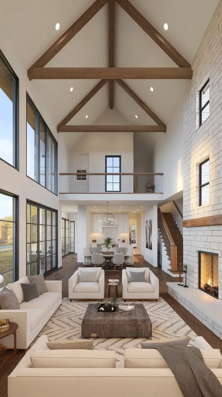 Featuring a vaulted ceiling and a big fireplace with windows, this modern farmhouse living room exemplifies open concept decor in a minimalist style, seamlessly integrating with the dining area.