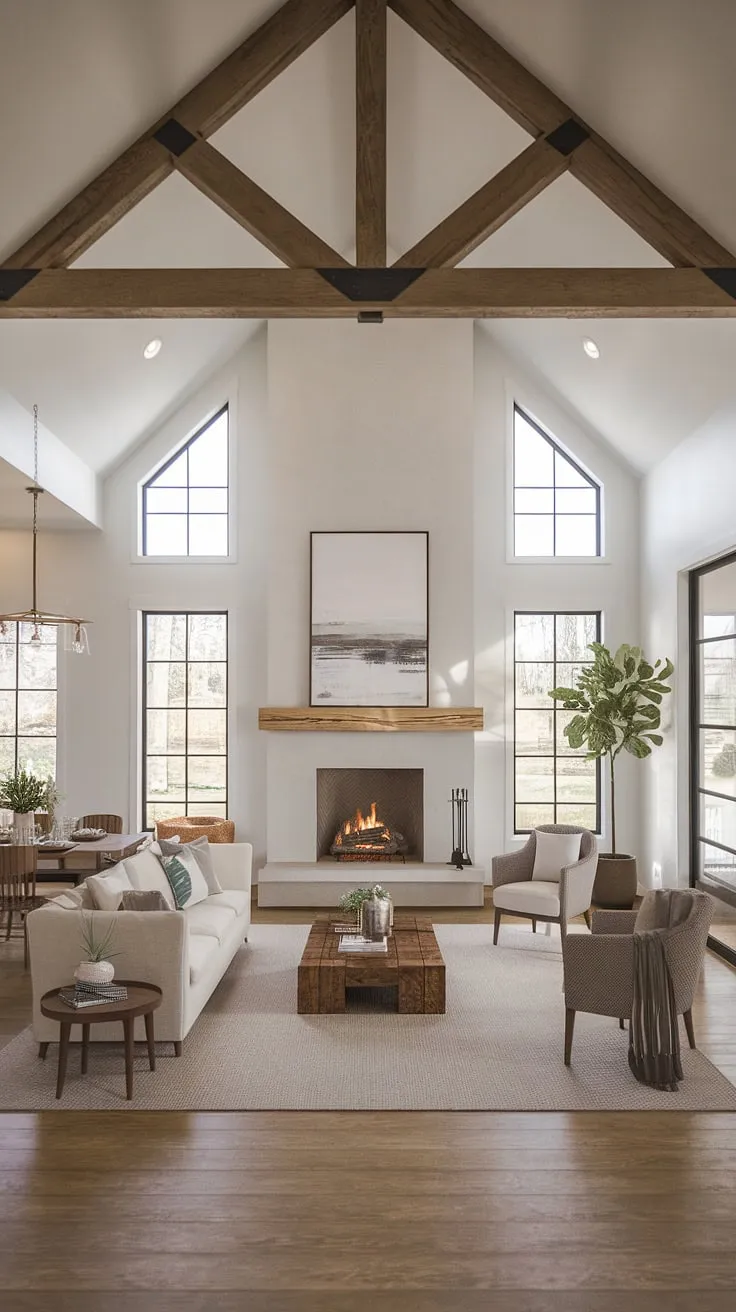 With its rustic wooden beams and open concept decor, this vaulted ceiling living room showcases a big fireplace and a seamless flow into the dining area, embodying modern farmhouse charm.