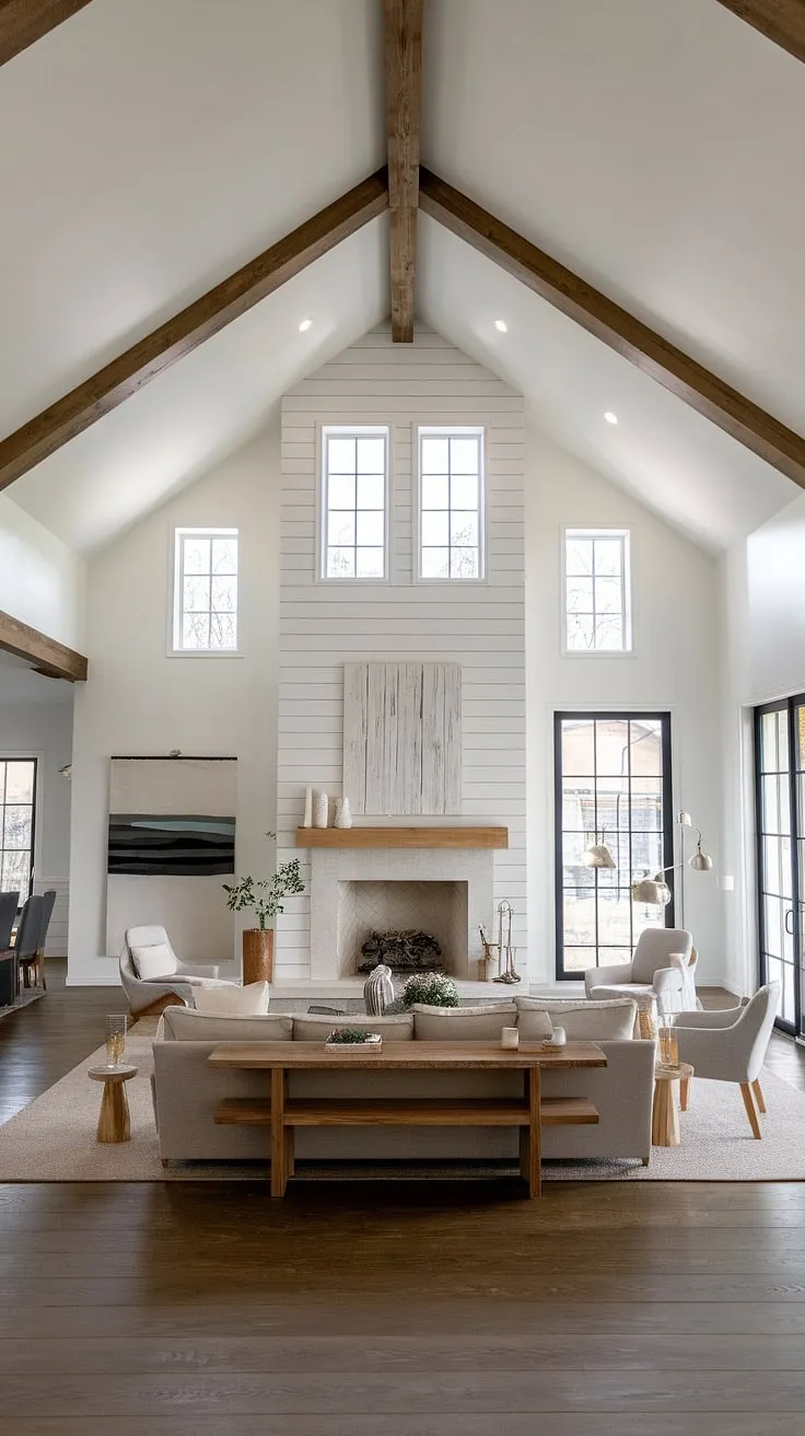 Featuring a spacious open concept design, this vaulted ceiling living room highlights a big fireplace with windows, complemented by minimalist furnishings and a seamless flow into the dining room.