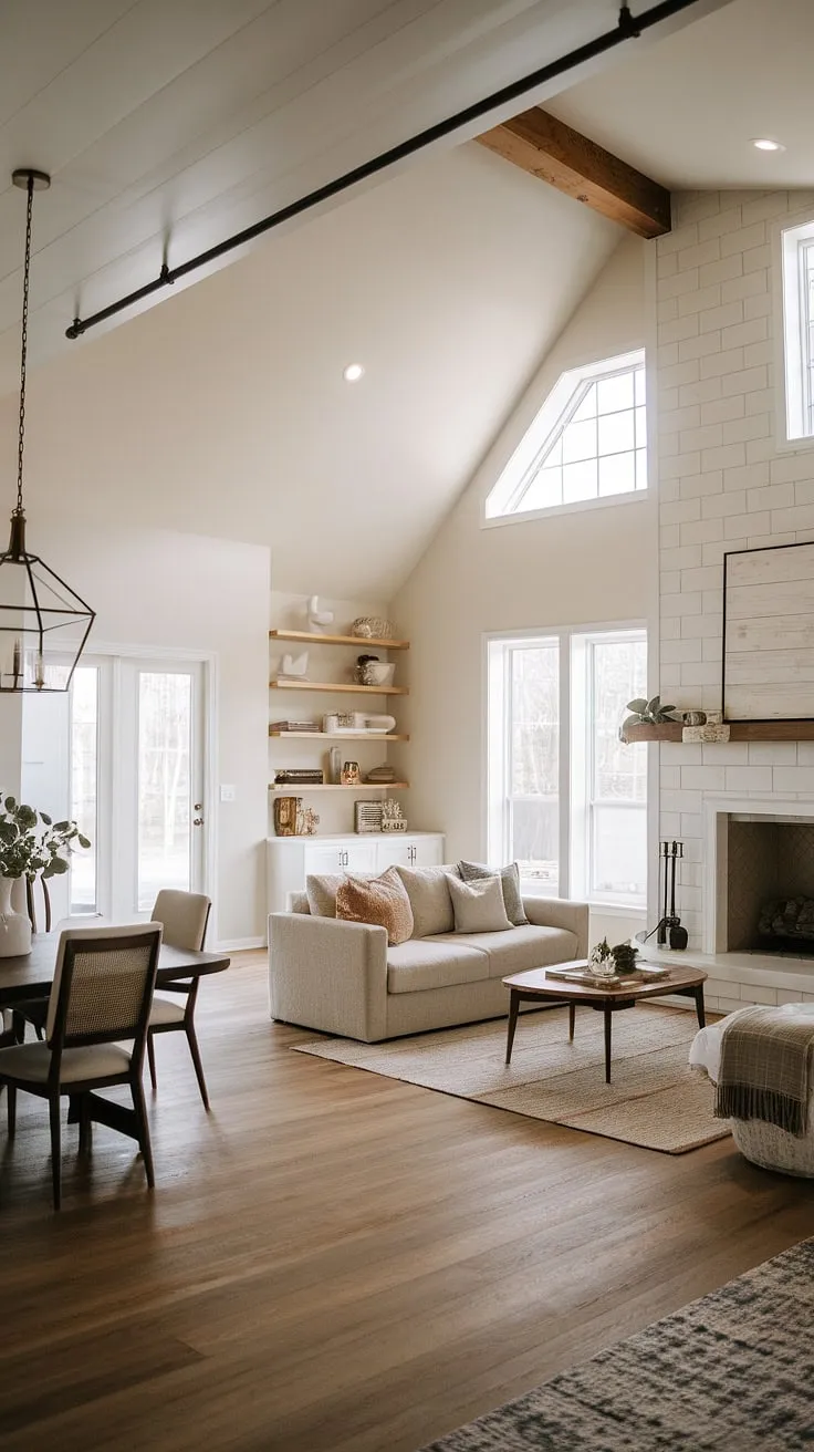 This modern farmhouse living room features an open floor plan with a vaulted ceiling, a big fireplace with windows, and minimalist decor that connects the living and dining areas.