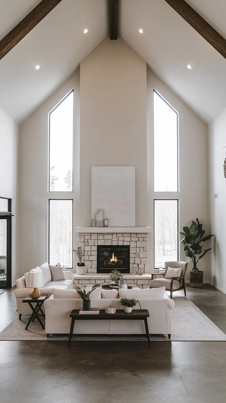 With its open concept design, this modern farmhouse living room showcases a vaulted ceiling, a striking big fireplace with windows, and minimalist furnishings that enhance the spacious feel.
