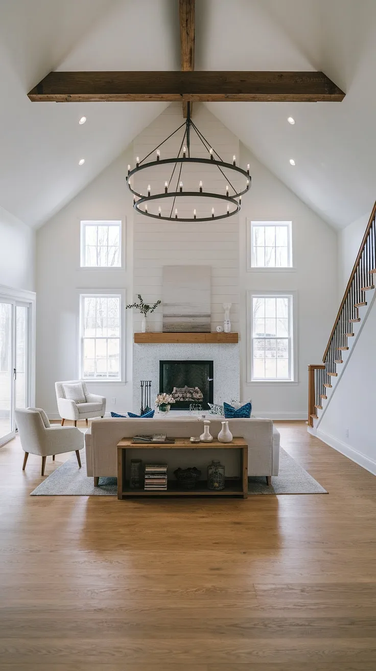 Featuring a vaulted ceiling and a big fireplace with windows, this modern farmhouse living room exemplifies open concept decor and minimalist design in a spacious open floor plan.