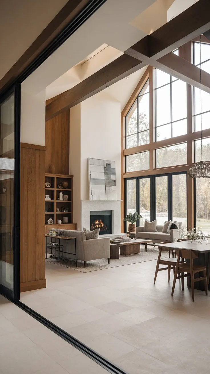 With its open concept decor, this vaulted ceiling living room showcases a big fireplace, large windows, and minimalist designs that create a harmonious flow between the living room and dining area.