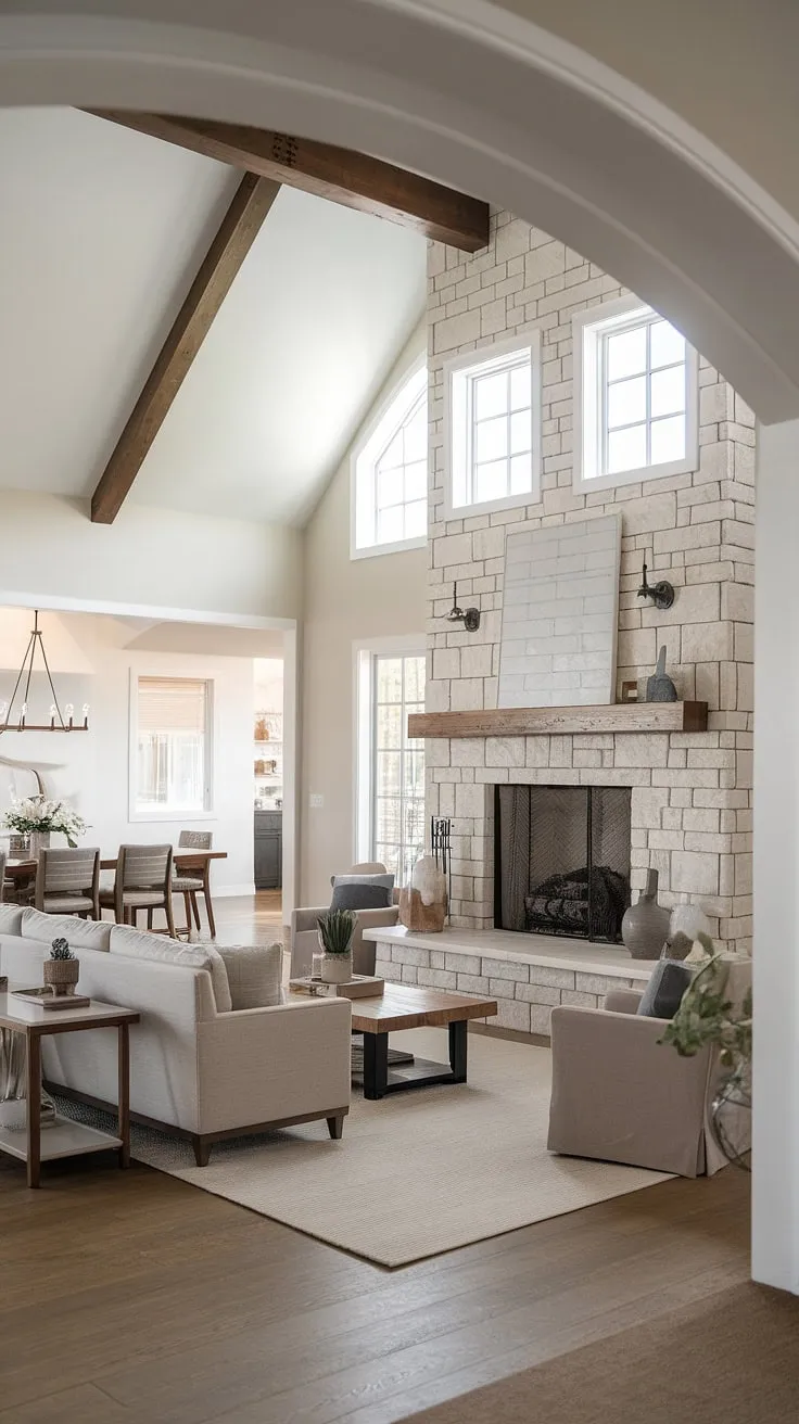 With its vaulted ceiling and big fireplace framed by windows, this modern farmhouse living room showcases open concept decor and minimalist designs in a seamless open floor plan with the dining area.