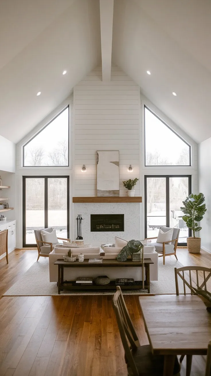 Featuring an open concept design, this vaulted ceiling living room highlights a big fireplace with windows, minimalist decor, and a seamless connection to the dining area.