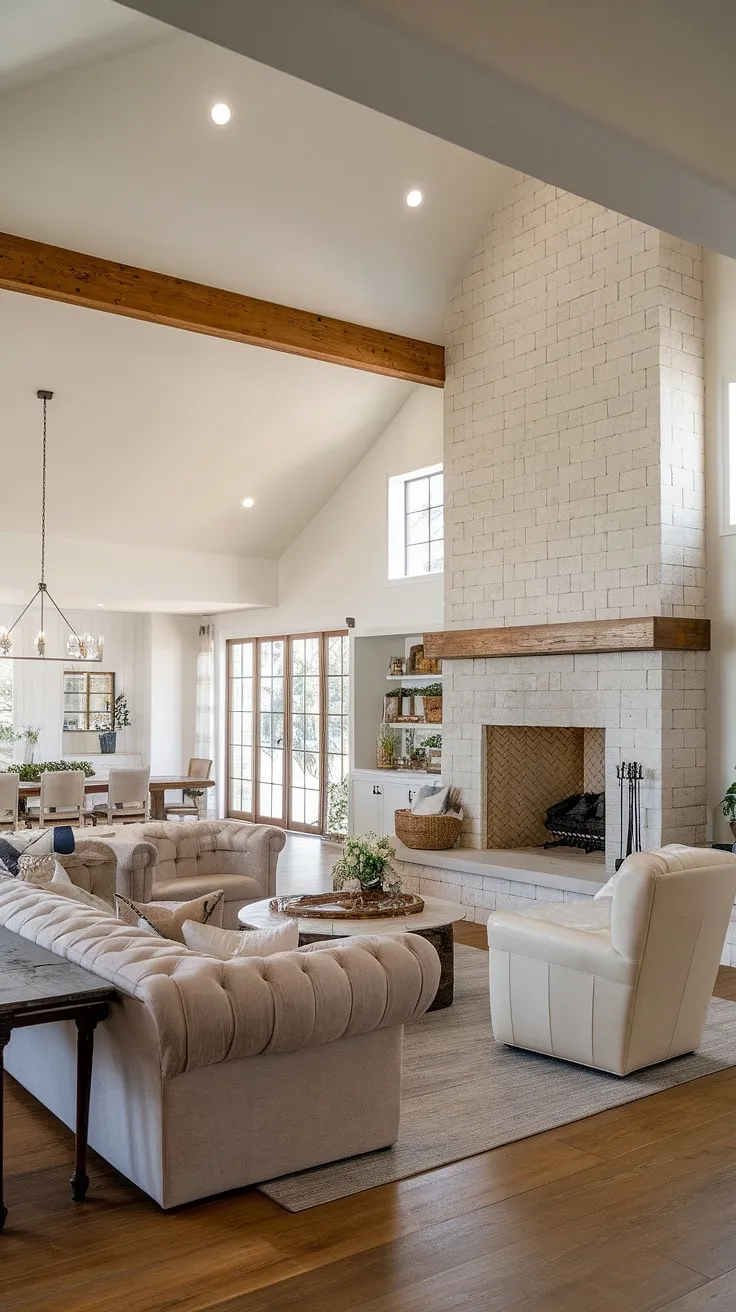 This modern farmhouse living room showcases an open floor plan with a vaulted ceiling, a big stone fireplace with windows, and minimalist decor that flows into the dining area.