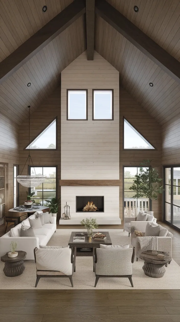 A stunning modern farmhouse living room showcases an open floor plan with a vaulted ceiling, a big fireplace framed by windows, and minimalist decor that connects effortlessly to the dining area.