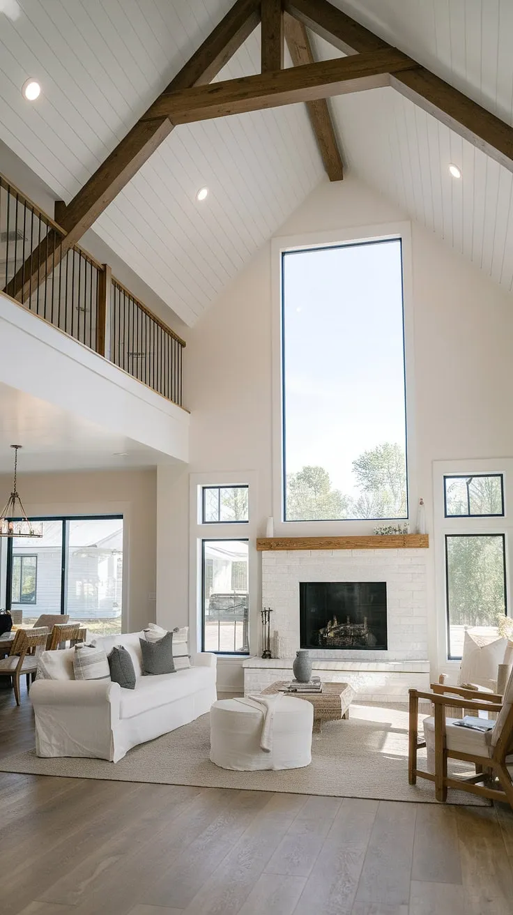 This modern farmhouse living room features a vaulted ceiling and a big fireplace with windows, creating a bright, open concept space that flows into the dining room with minimalist decor.