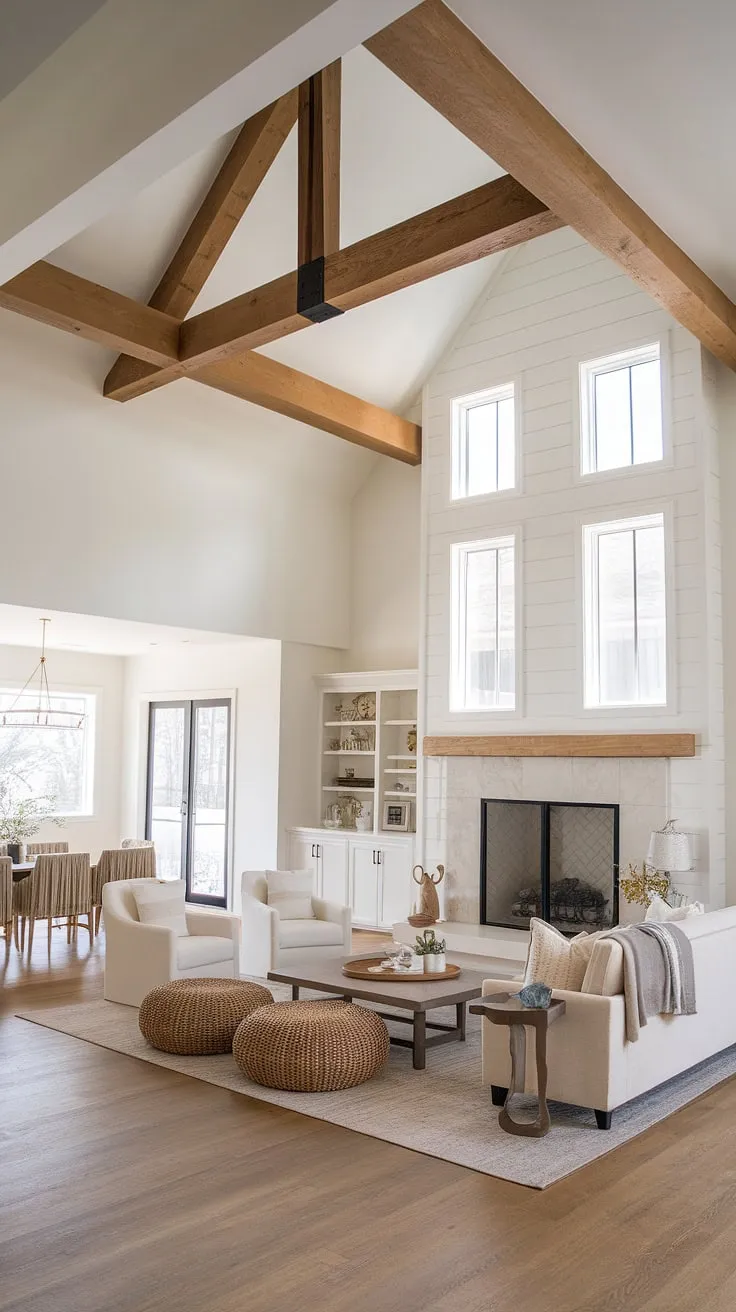 With its vaulted ceiling and big fireplace surrounded by windows, this modern farmhouse living room showcases an open concept design that harmonizes minimalist decor with the dining area.