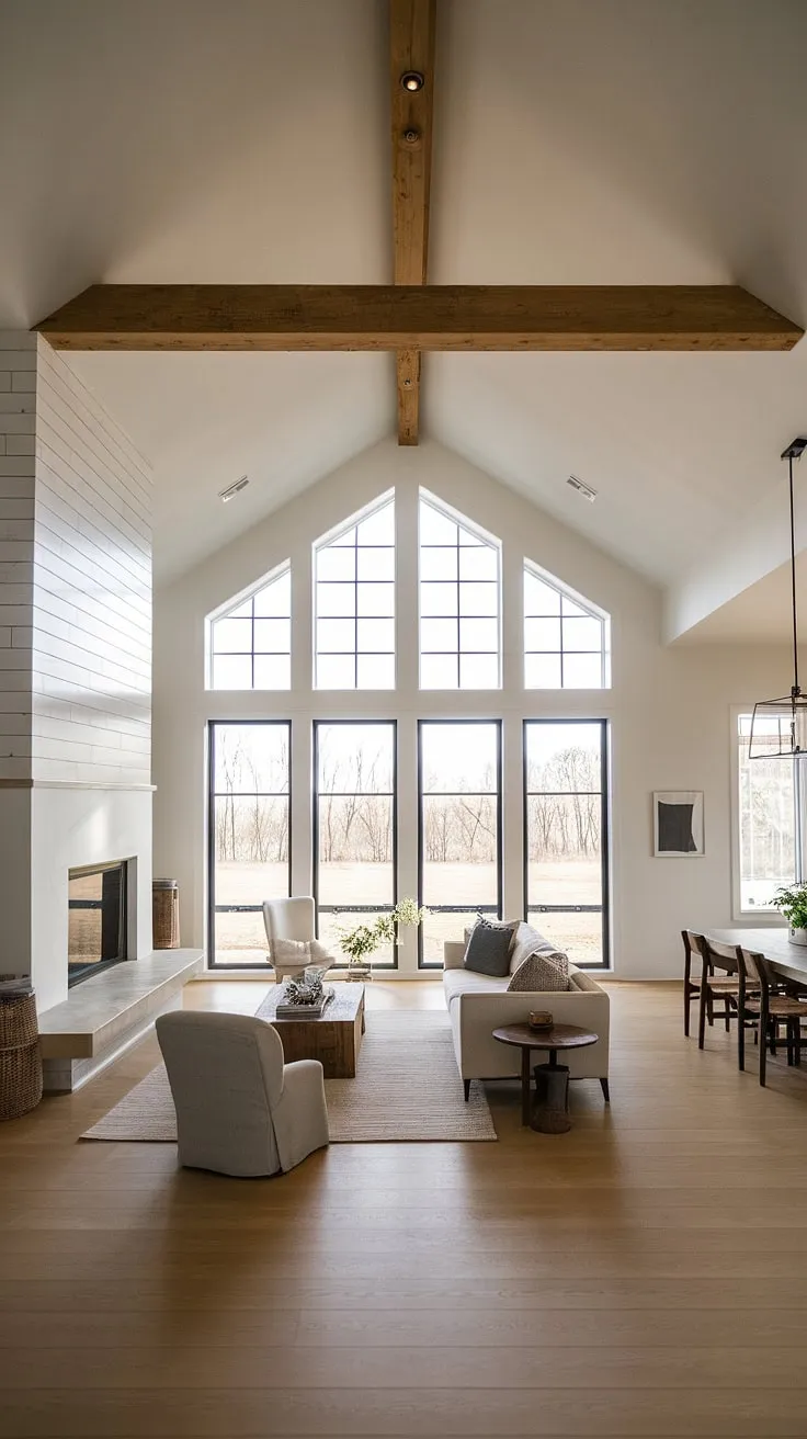 This modern farmhouse living room features an open floor plan with a vaulted ceiling, a big fireplace with windows, and minimalist decor that connects the living and dining areas beautifully.
