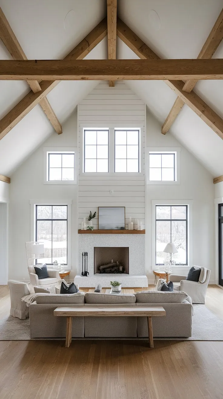 This modern farmhouse living room showcases an open floor plan with a vaulted ceiling, a big fireplace with windows, and minimalist decor that beautifully connects the living and dining areas.