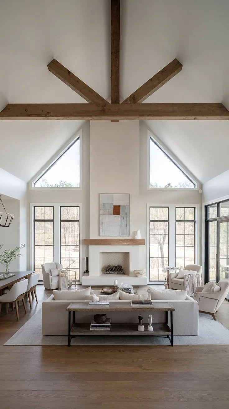 With its vaulted ceiling, big fireplace with windows, and open concept decor, this modern farmhouse living room exemplifies minimalist living in a spacious open floor plan.