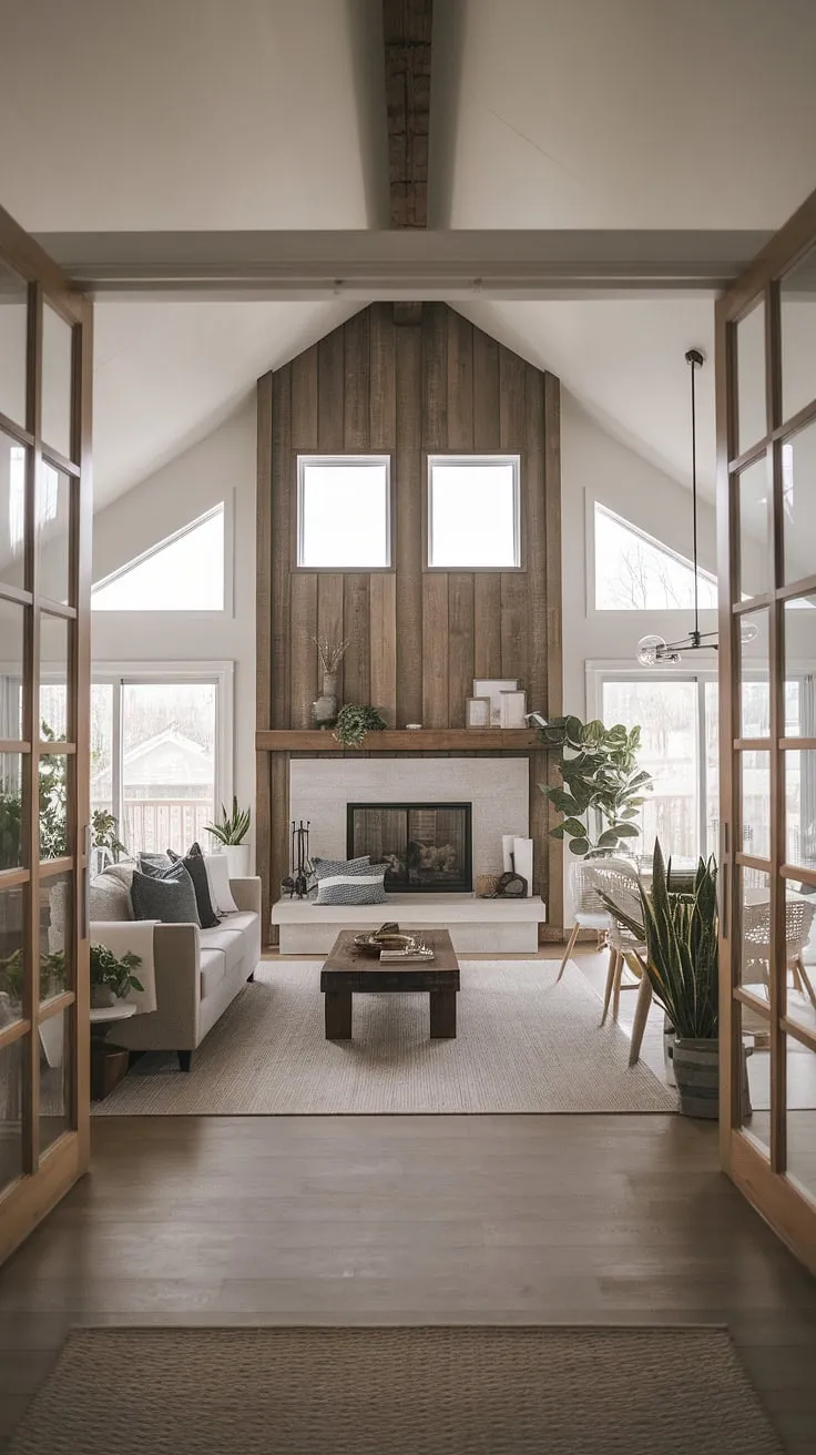 The open concept decor of this modern farmhouse living room showcases a vaulted ceiling, a big fireplace with windows, and minimalist furnishings, seamlessly linking the living and dining spaces.
