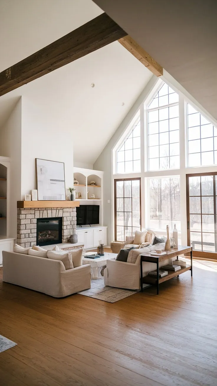 This modern farmhouse living room features an open floor plan with a vaulted ceiling, a big fireplace surrounded by windows, and minimalist decor that enhances the open concept between the living and dining areas.