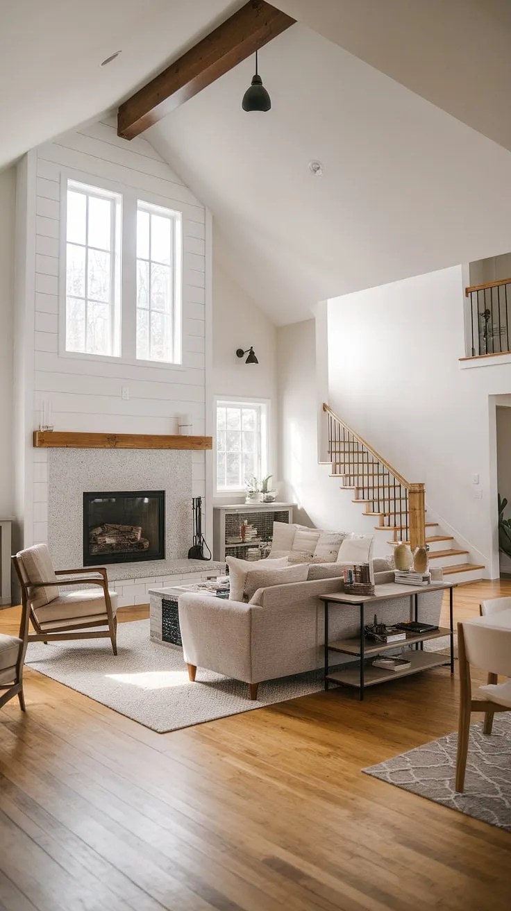 This modern farmhouse living room features an open floor plan with a vaulted ceiling, a big fireplace with windows, and minimalist decor that beautifully connects the living and dining areas.