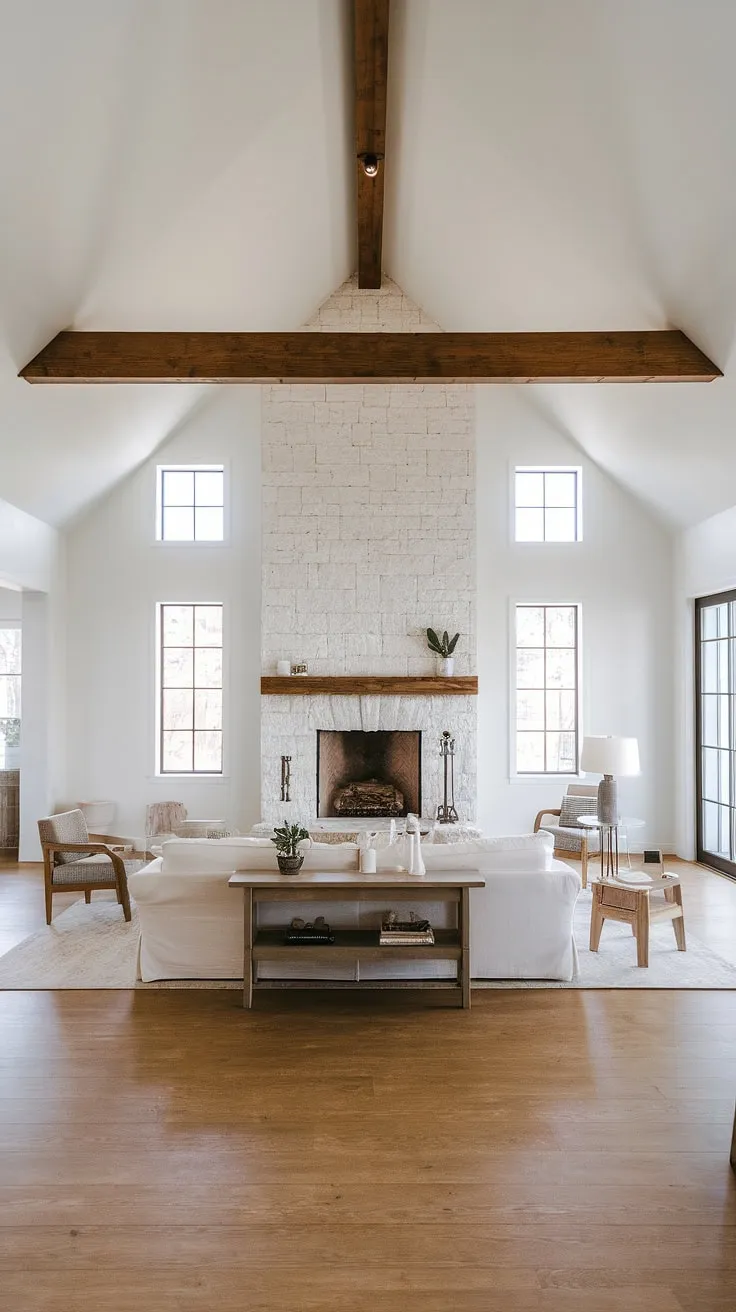 With its vaulted ceiling and big stone fireplace framed by windows, this modern farmhouse living room showcases an open floor plan and minimalist designs that enhance the open concept decor.