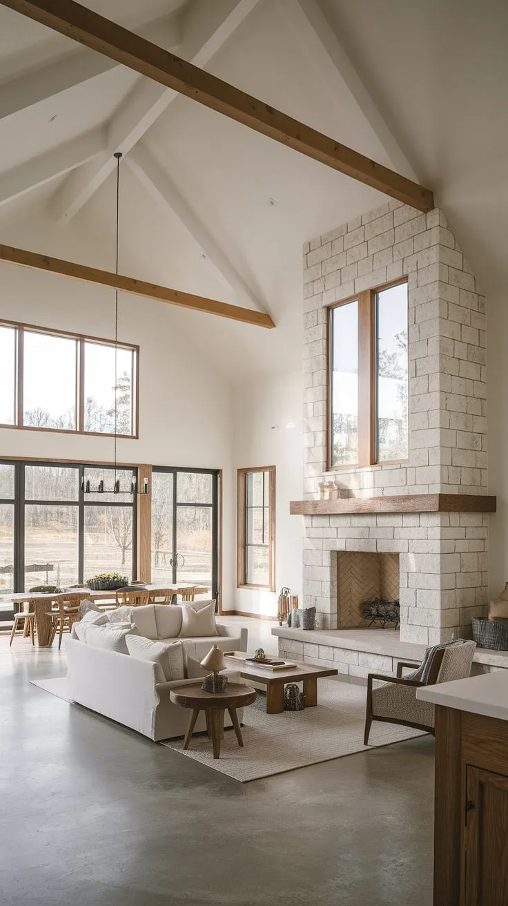 This modern farmhouse living room showcases an open floor plan with a vaulted ceiling, a big stone fireplace with windows, and minimalist decor that connects the living and dining areas.