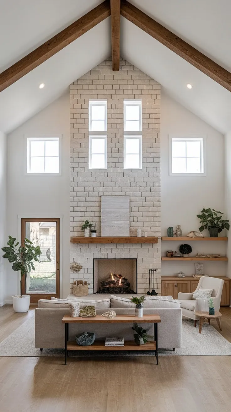 This modern farmhouse living room showcases an open floor plan with a vaulted ceiling, a big fireplace framed by windows, and minimalist decor that enhances the open concept between the living and dining areas.