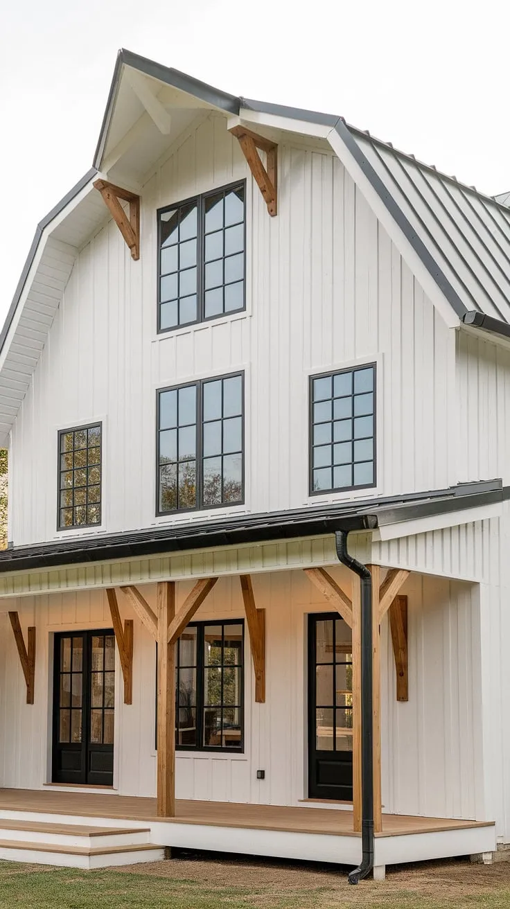 The remodeled front of this white farmhouse with shutters and black and wood accents highlights the charm of modern farmhouse porches and L-shaped designs.