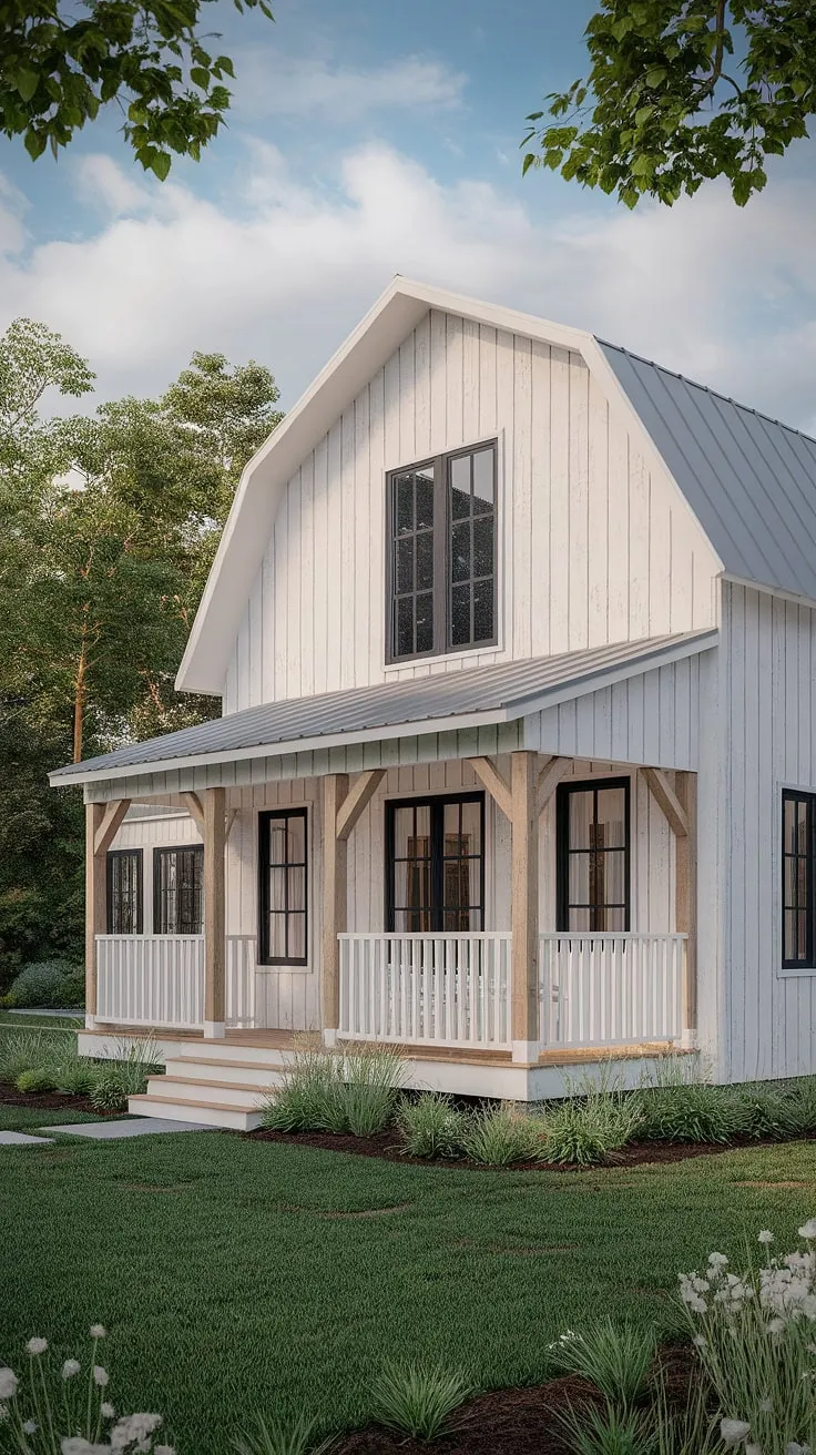 This white farmhouse with shutters and a charming L-shaped porch combines barn-style aesthetics with black and wood accents, creating an inviting front that enhances its rustic appeal.