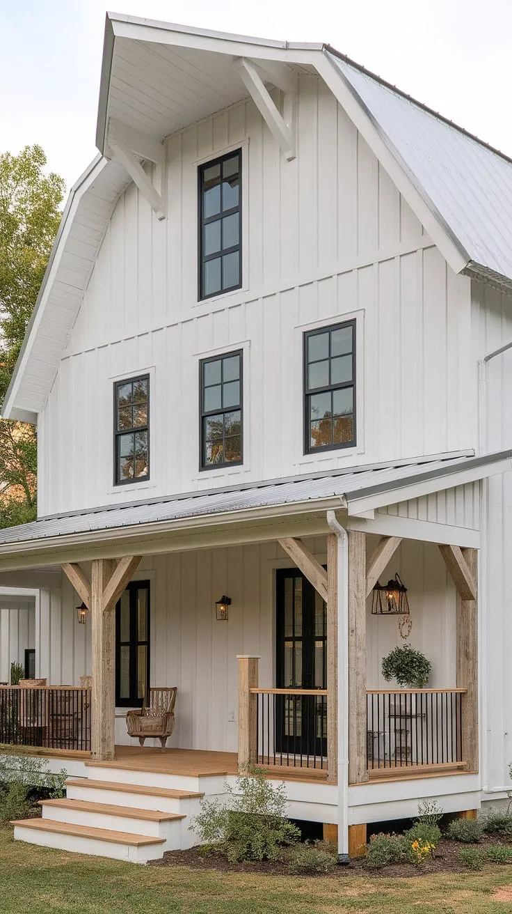 The remodeled white farmhouse with shutters and a striking combination of black and wood accents creates a captivating house exterior aesthetic.