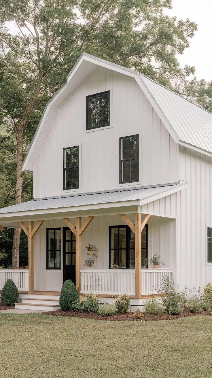 The inviting white farmhouse with shutters and black windows, complemented by wood accents, highlights stunning house exterior aesthetics and creative remodel front of house concepts.