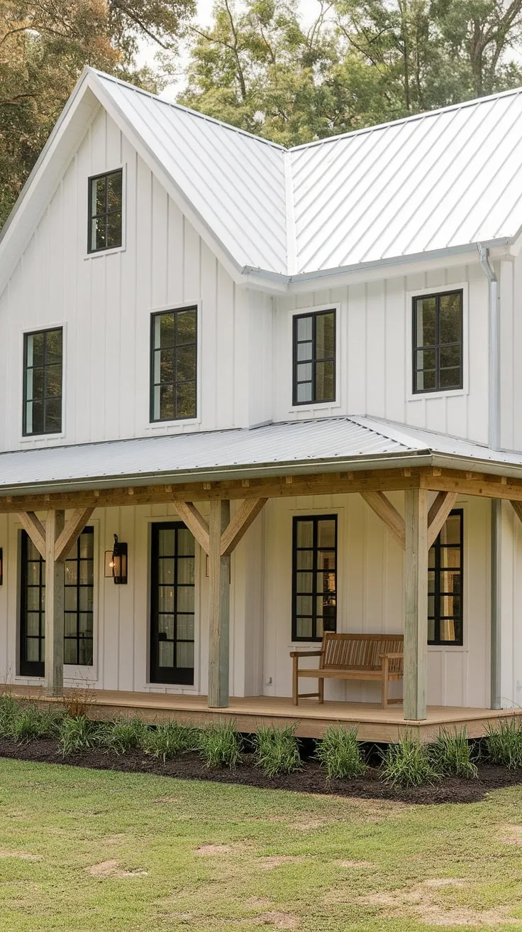 This white farmhouse with shutters and black windows features a spacious L-shaped porch adorned with wood accents, creating an inviting remodel for the front of the house amidst a lush green landscape.