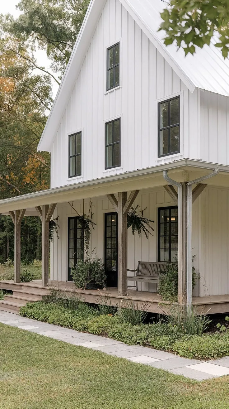 This charming white farmhouse with shutters and a barn-style design showcases an inviting L-shaped porch, black and wood accents, and a lush landscape, ideal for remodeling the front of the house.