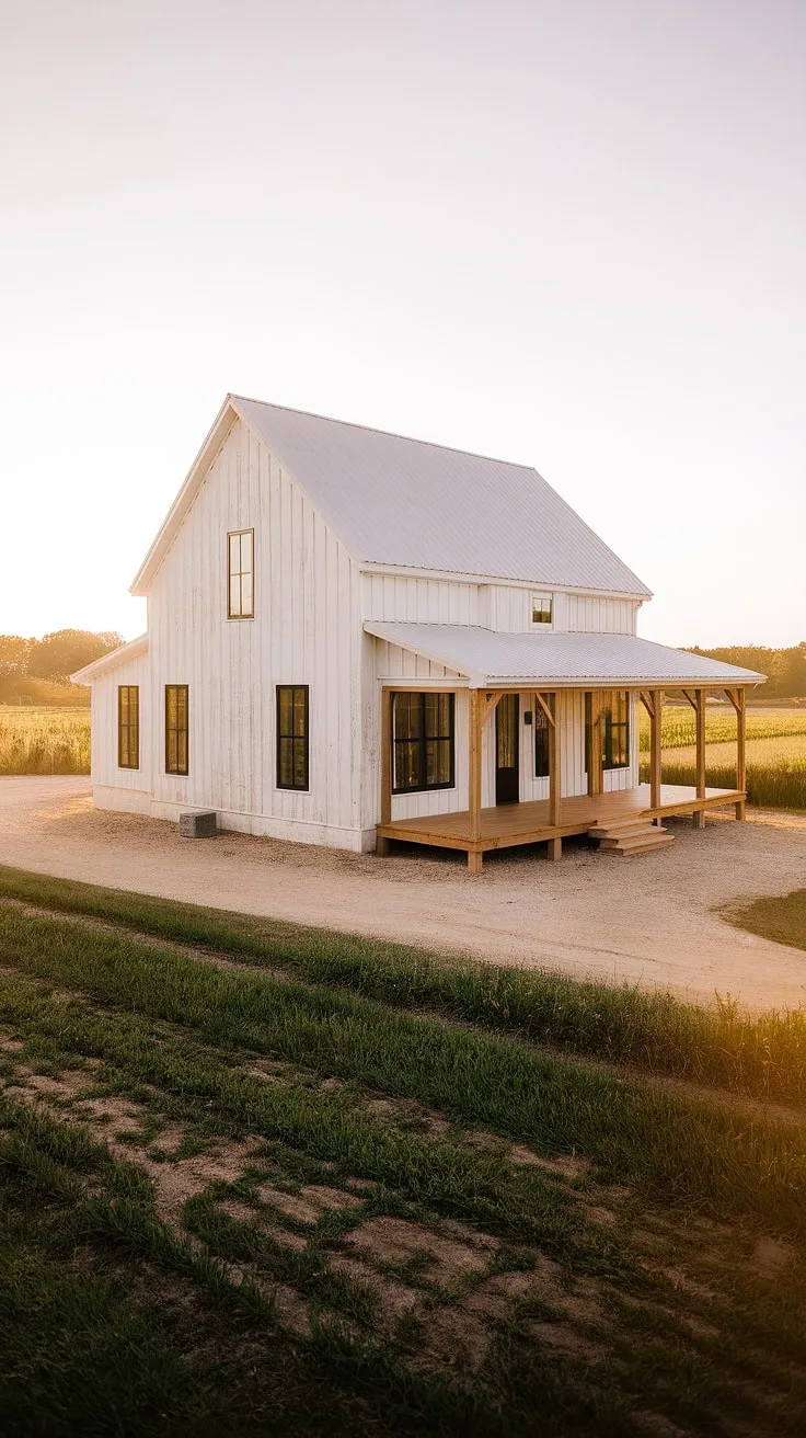 A stunning modern farmhouse showcases a white rustic exterior with a small L-shaped porch, black windows, and wood accents, perfectly blending with its picturesque dirt road and green fields.