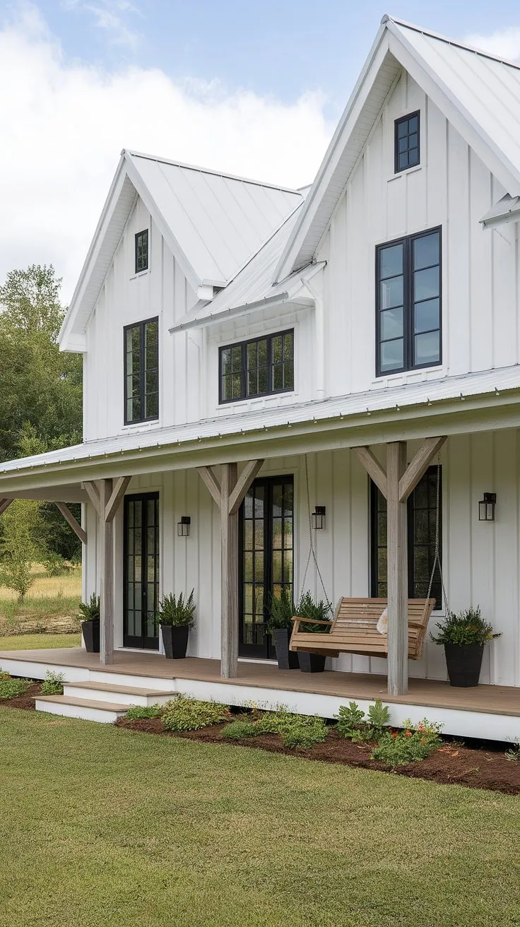 A stunning modern farmhouse porch complements the white rustic house exterior, featuring an L-shaped design, black windows, and wood accents, creating an inviting aesthetic with a wooden swing and lush greenery.