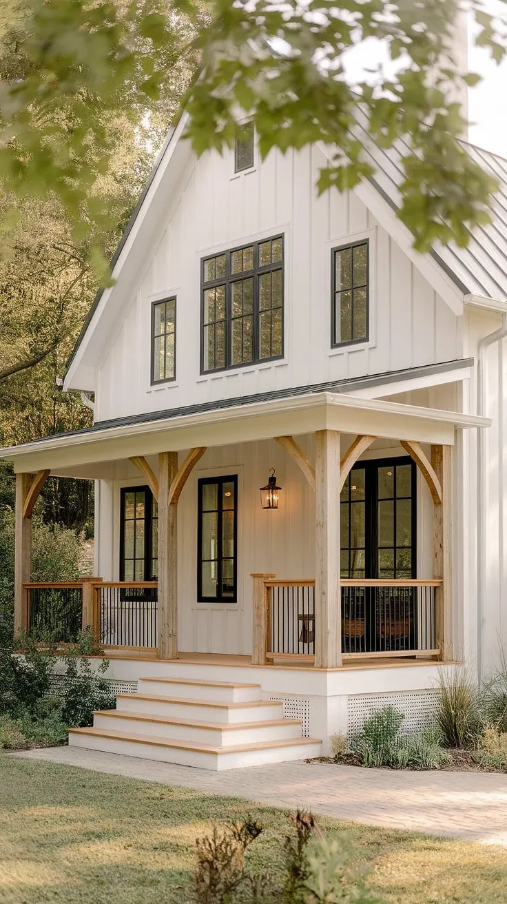 The charming white farmhouse with shutters and a barn style aesthetic boasts an inviting L-shaped porch, black window frames, and warm wood accents, making it an ideal remodel front of house inspiration.