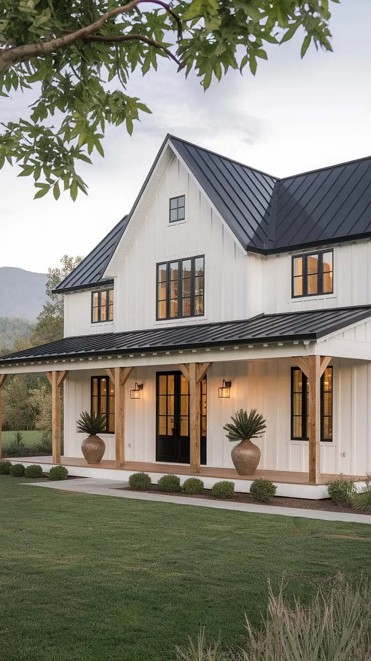 The white farmhouse with shutters and barn-style elements, set against a lush green lawn, showcases small farmhouse exterior ideas that beautifully remodel the front of the house.