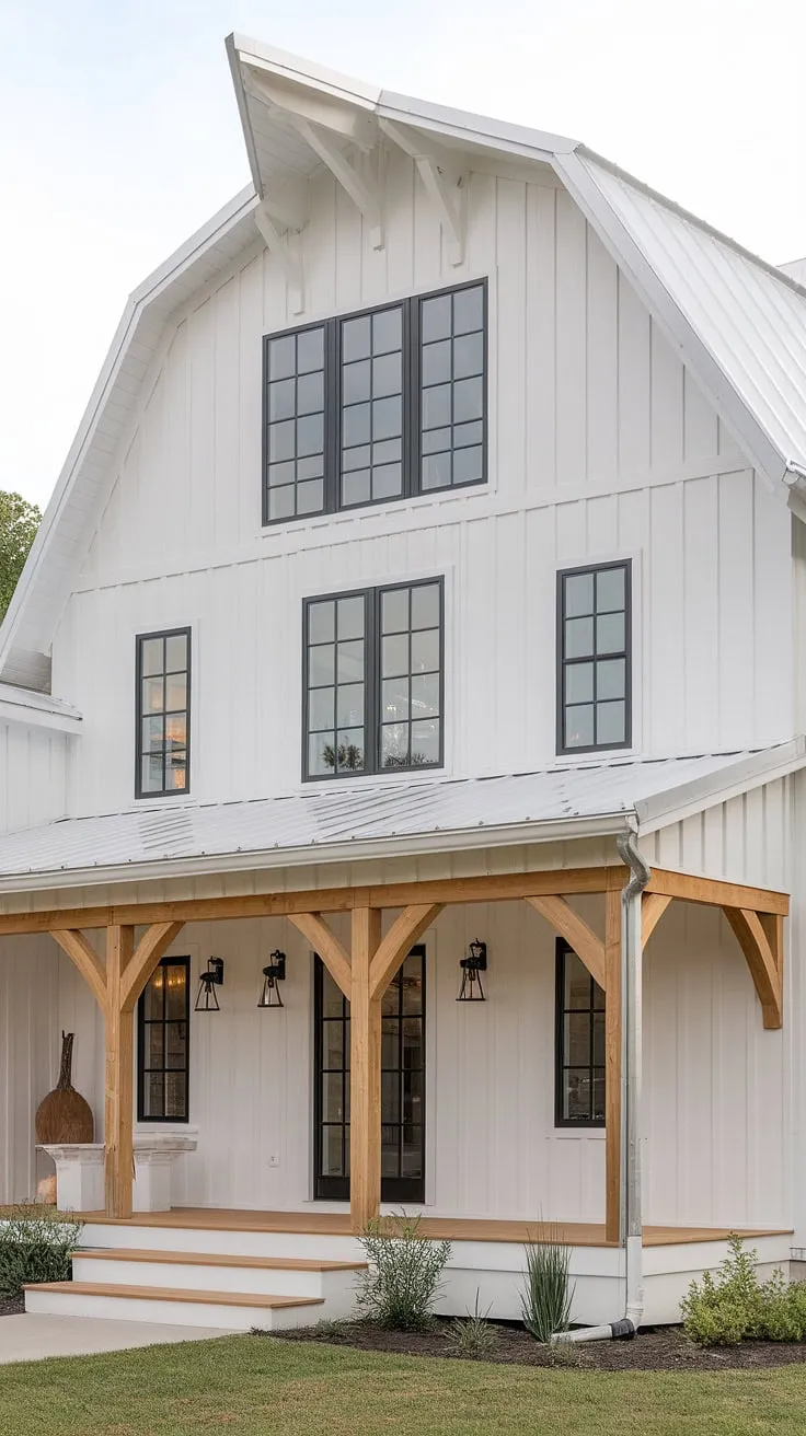 This modern farmhouse features a white rustic exterior with an L-shaped porch, black windows, and wood accents, showcasing small farmhouse exterior ideas and a barn-style design that enhances its aesthetic appeal.