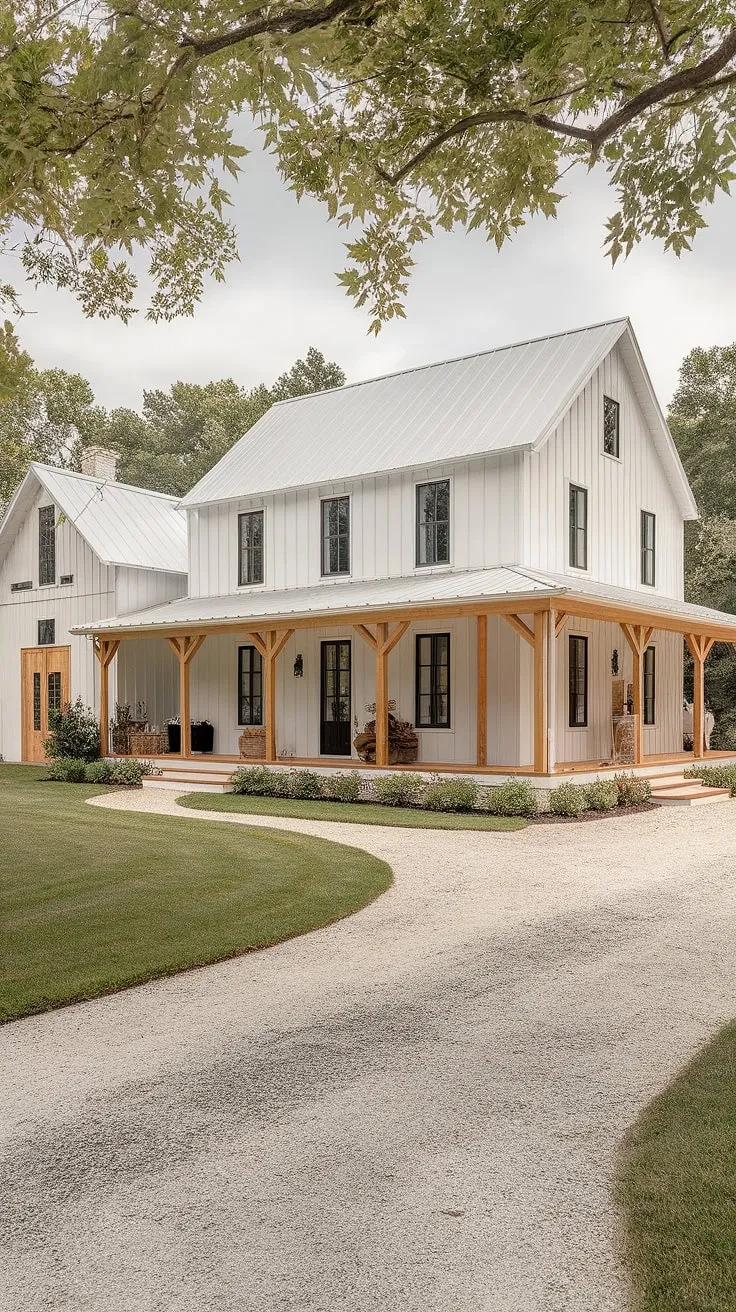 This modern farmhouse features a stunning white rustic exterior with a large L-shaped porch, black windows, and wood accents, complemented by a barn-style addition and a beautifully maintained front yard.