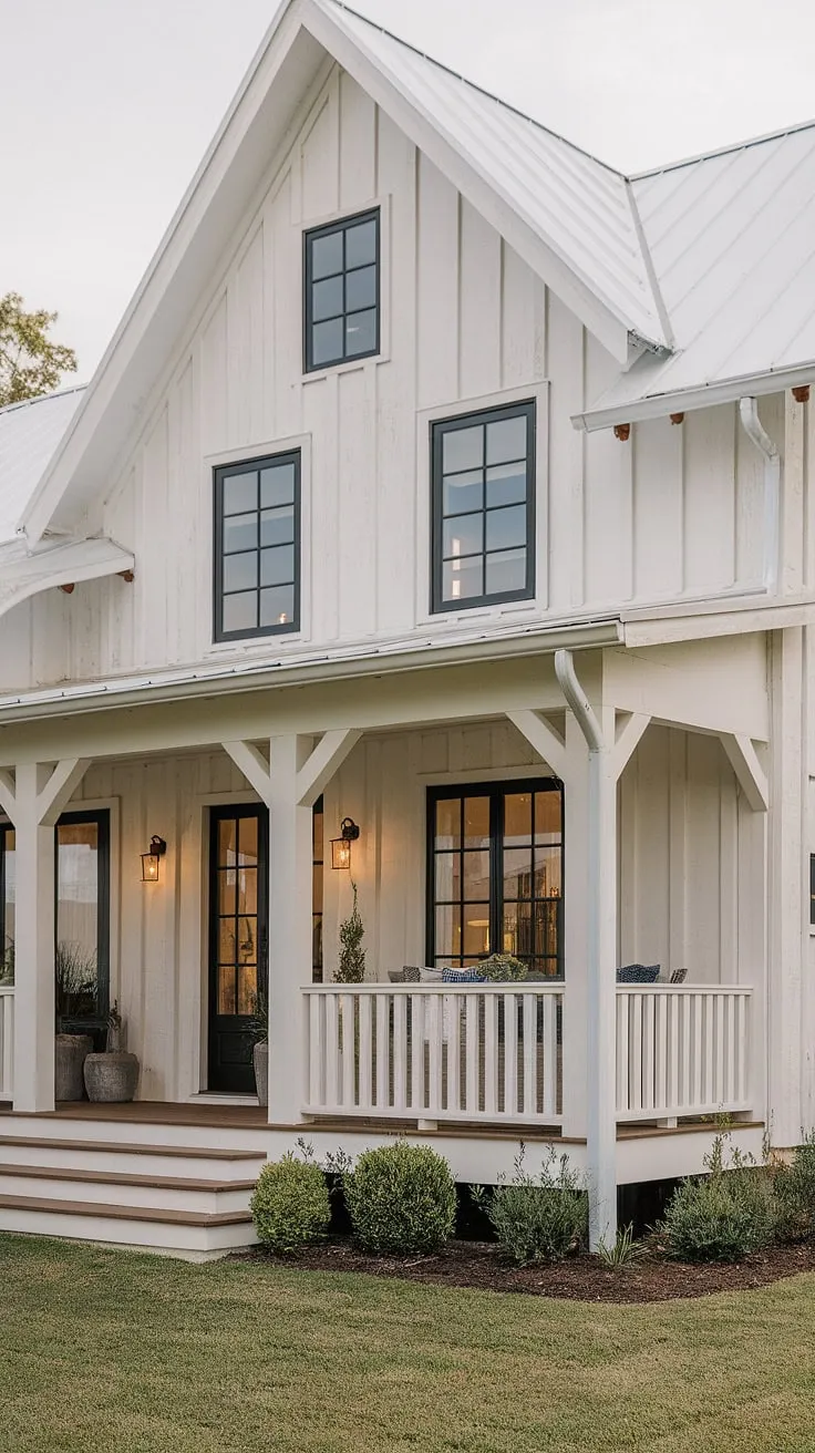 A modern farmhouse with a white rustic exterior features an L-shaped porch, black windows, and wood accents, creating a cozy and inviting house exterior aesthetic.