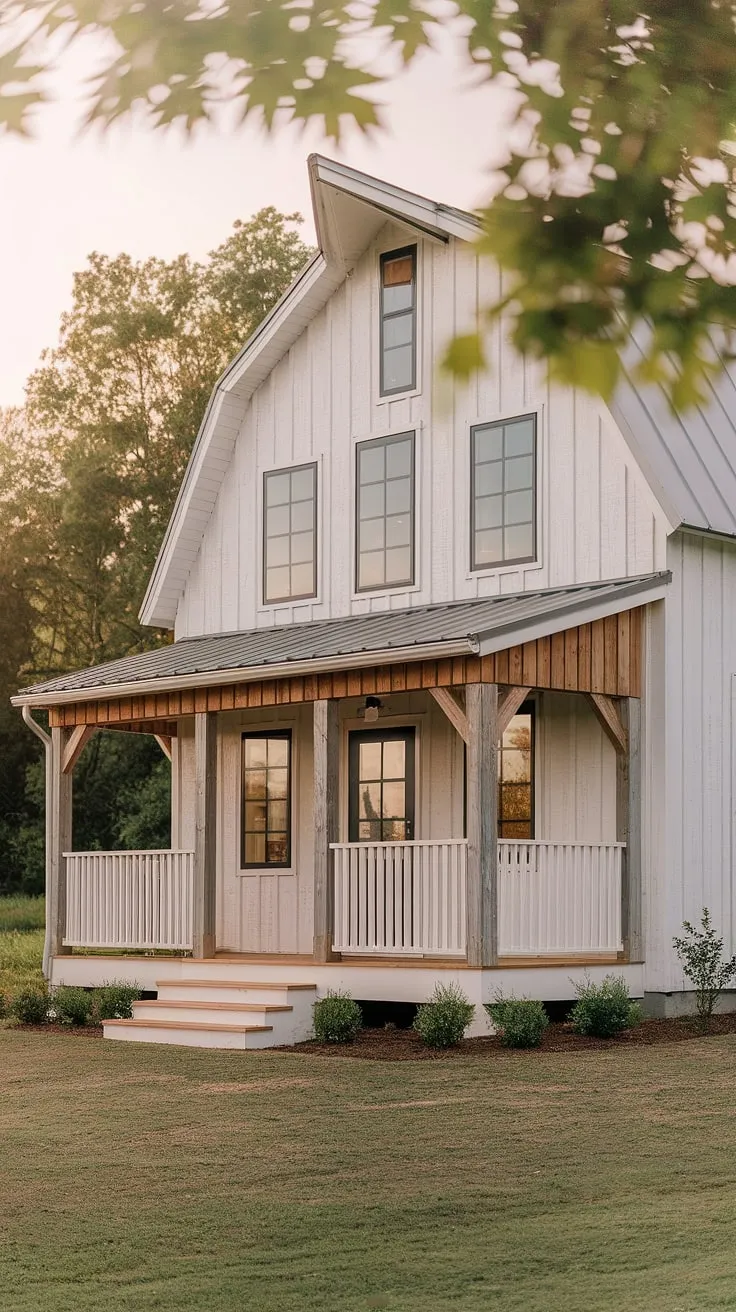 A charming modern farmhouse showcases a rustic white exterior with a small L-shaped porch, black windows, and wood accents, perfectly blending barn-style aesthetics with a picturesque green landscape.