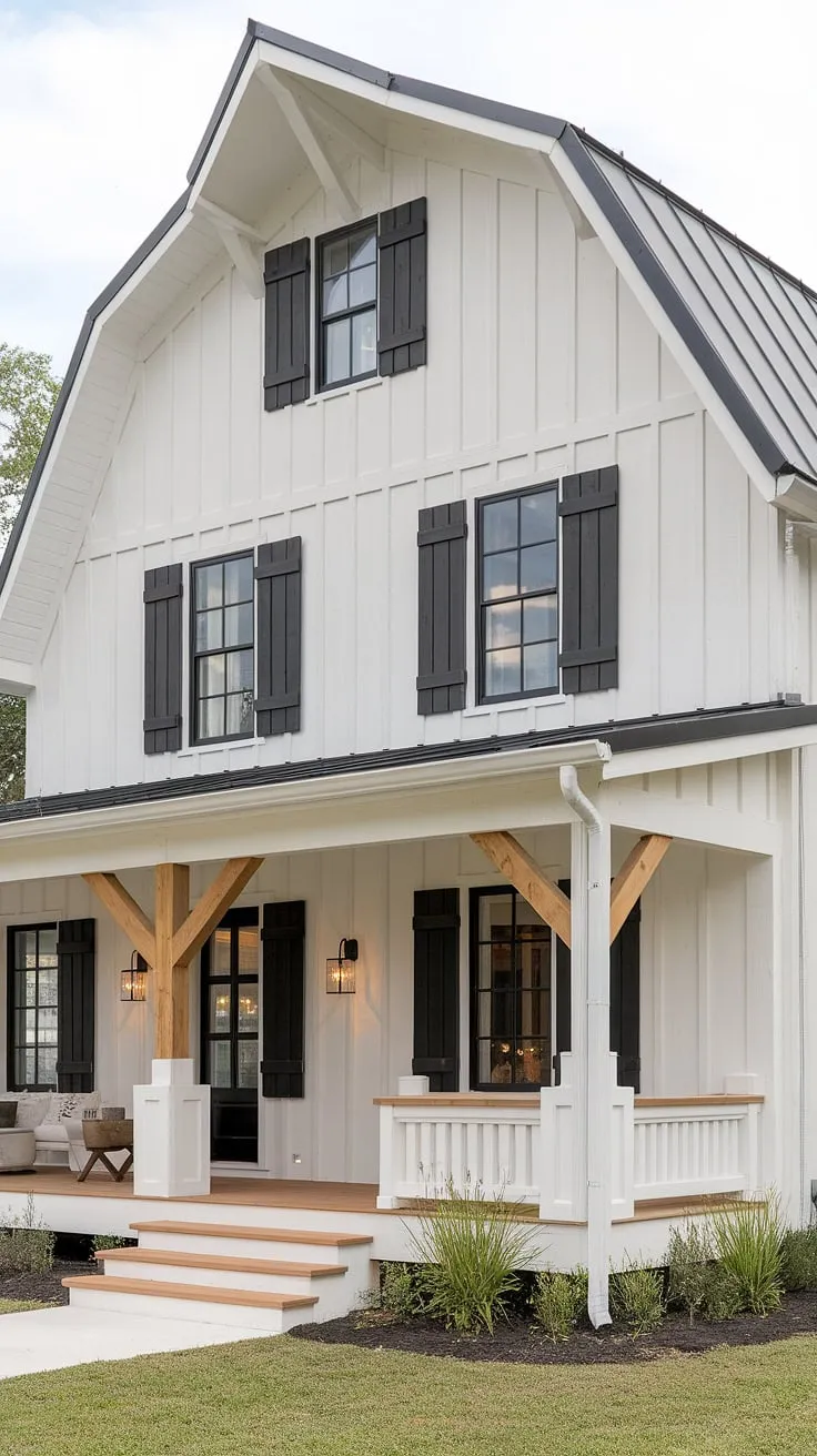 This modern farmhouse features a cozy white rustic exterior with an L-shaped porch, black windows and shutters, and charming wood accents, creating a welcoming barn-style aesthetic.