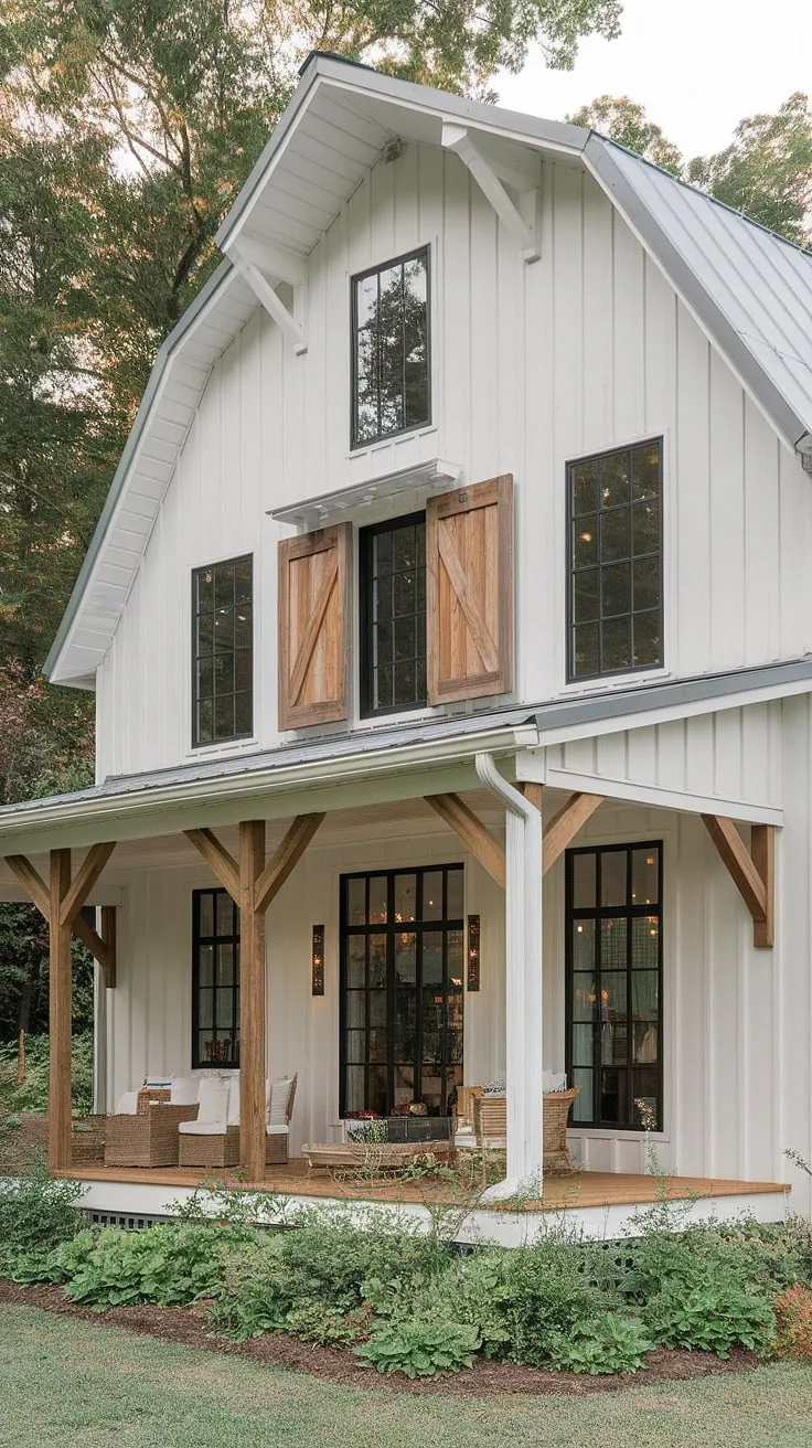 This remodeled white farmhouse with shutters and an L-shaped porch highlights the perfect blend of black and wood accents, creating an inviting house exterior aesthetic that embodies modern farmhouse charm.