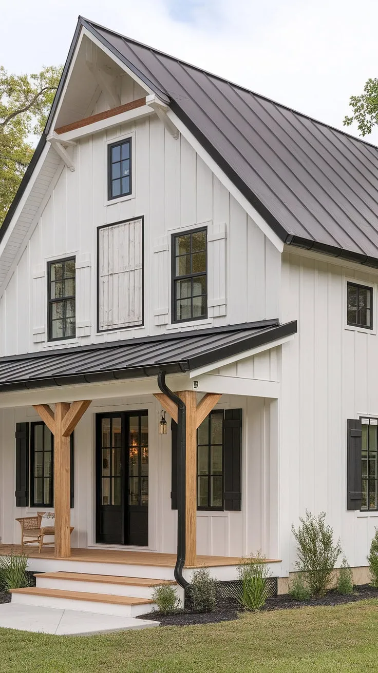 This modern farmhouse features a white rustic exterior with black windows and shutters, complemented by an L-shaped porch and wood accents, creating a cozy barn-style aesthetic perfect for small farmhouse exterior ideas.