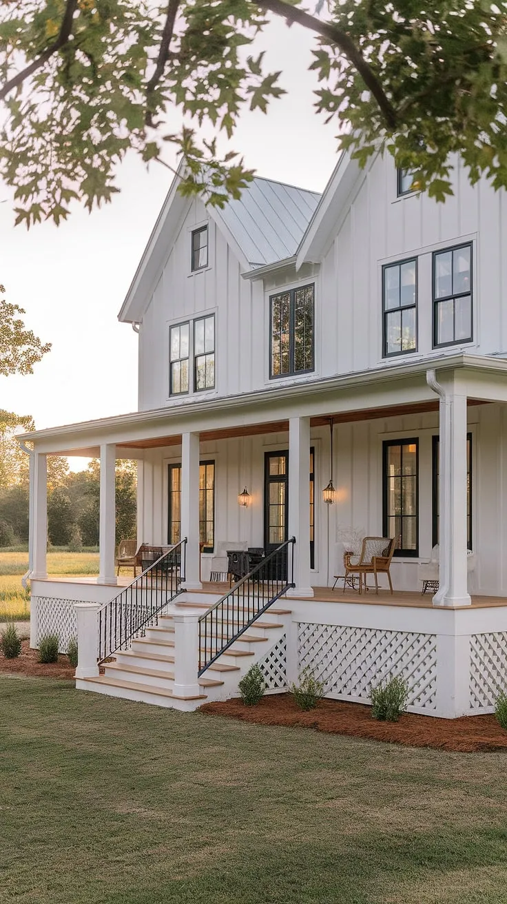 A stunning modern farmhouse porch complements the white rustic house exterior, featuring an L-shaped design with black windows and wood accents, perfect for small farmhouse exterior ideas.