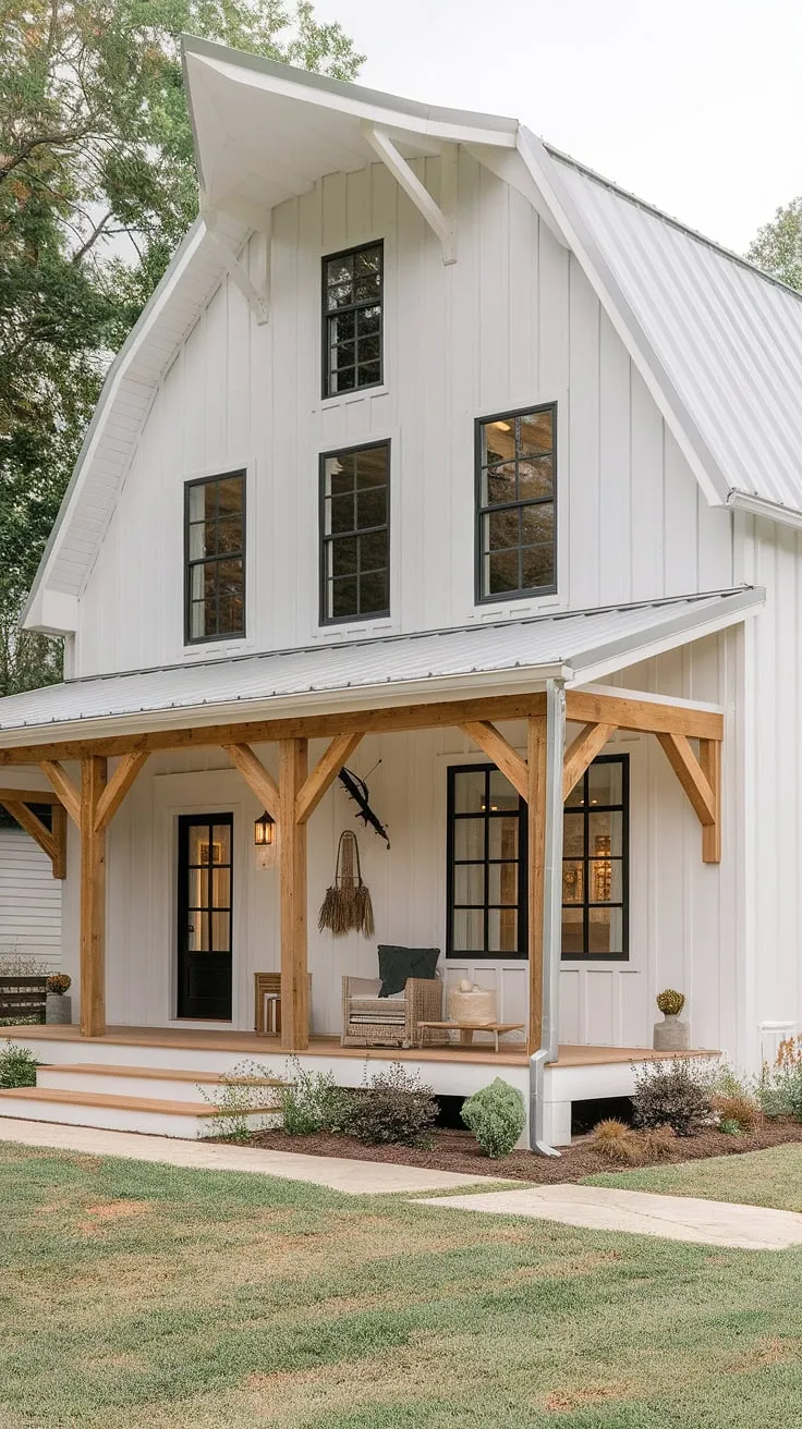 The remodeled front showcases a charming white farmhouse with shutters, complemented by a small fence and a warm, inviting atmosphere.