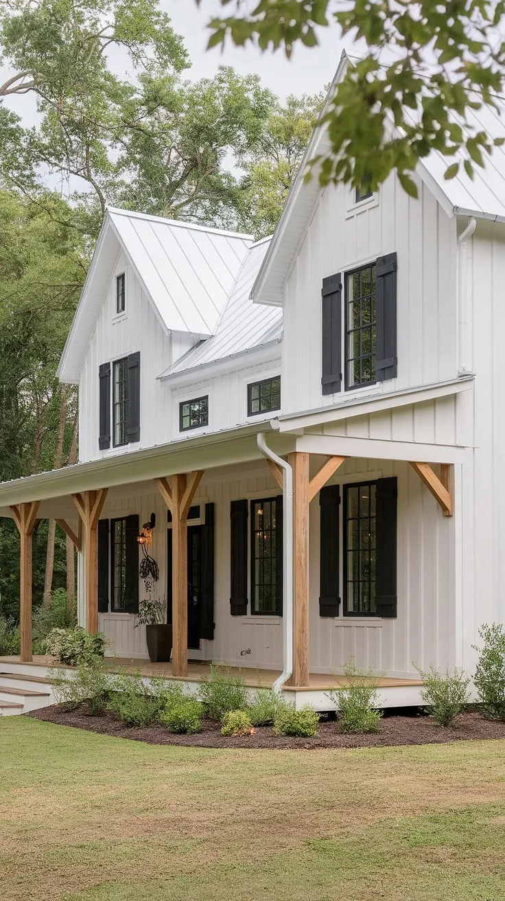 This stunning modern farmhouse features a white rustic exterior with black windows and shutters, complemented by an L-shaped porch supported by wooden pillars, showcasing small farmhouse exterior ideas and a charming house exterior aesthetic.