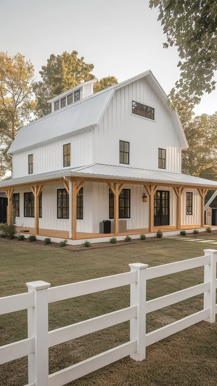 The white farmhouse with shutters and a remodeled front, complemented by black and wood accents, creates an inviting house exterior aesthetic on a picturesque rural property.