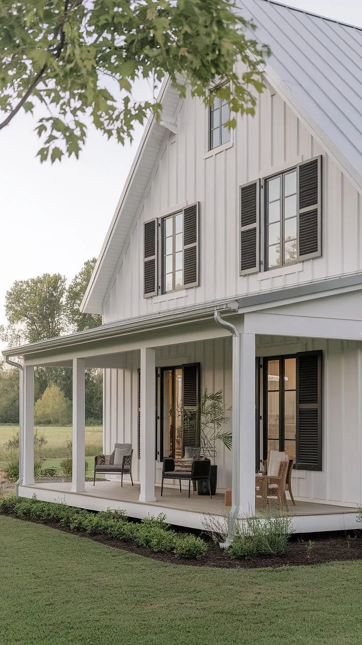 A stunning modern farmhouse features an L-shaped porch, showcasing a white rustic exterior with black windows, wood accents, and charming shutters, perfect for small farmhouse exterior ideas.