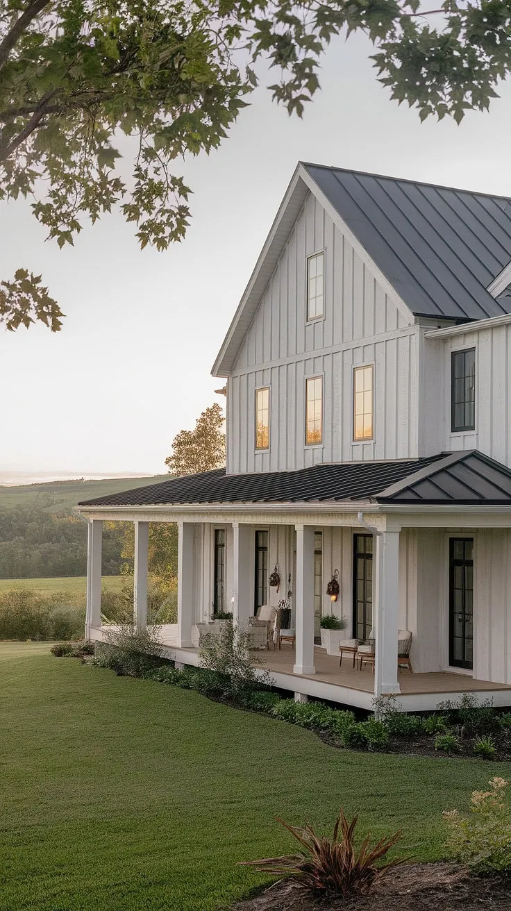 This white farmhouse with shutters and an inviting L-shaped porch features black windows and wood accents, creating a charming aesthetic amidst a picturesque landscape.