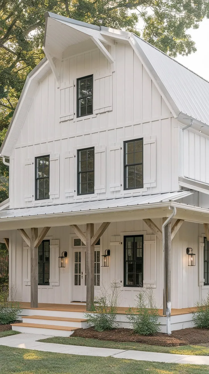 This modern farmhouse features a stunning white rustic exterior with an L-shaped porch, white shutters, black windows, and wood accents, showcasing a charming barn-style design.