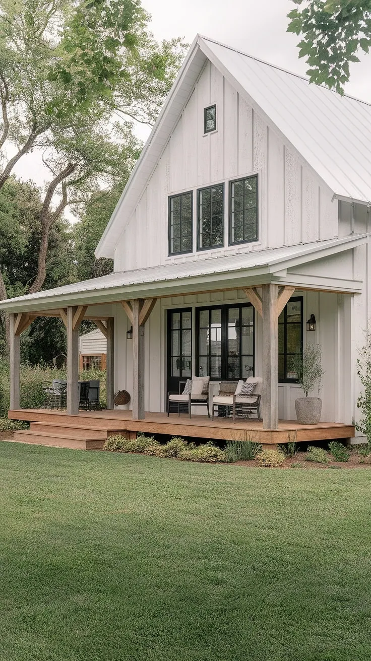 This modern farmhouse features an inviting L-shaped porch, a white rustic exterior with black windows and wood accents, and a charming aesthetic perfect for small farmhouse exterior ideas.