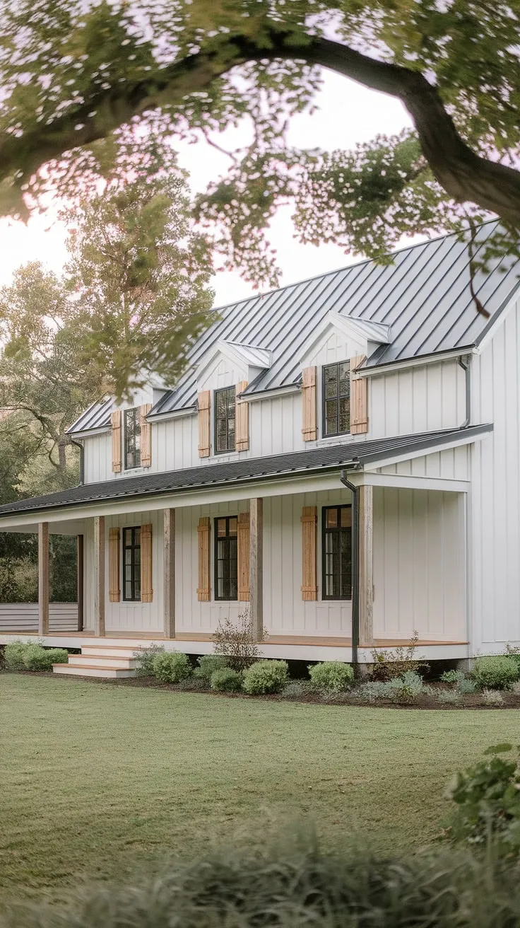 This white farmhouse with black and wood accents boasts a charming L-shaped porch, perfectly complementing its rustic exterior and lush green surroundings.