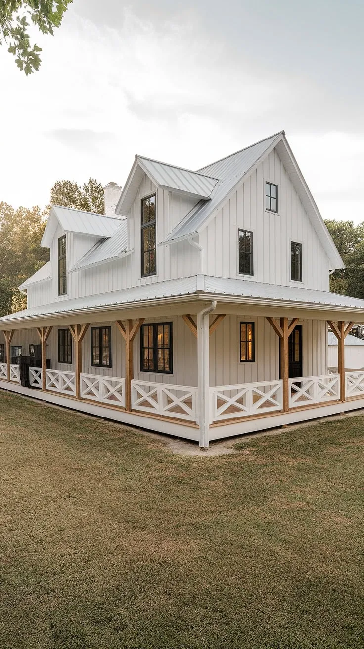 This modern farmhouse features a stunning white rustic exterior with a large L-shaped porch, black windows, and wood accents, perfectly blending barn-style charm with small farmhouse exterior ideas.