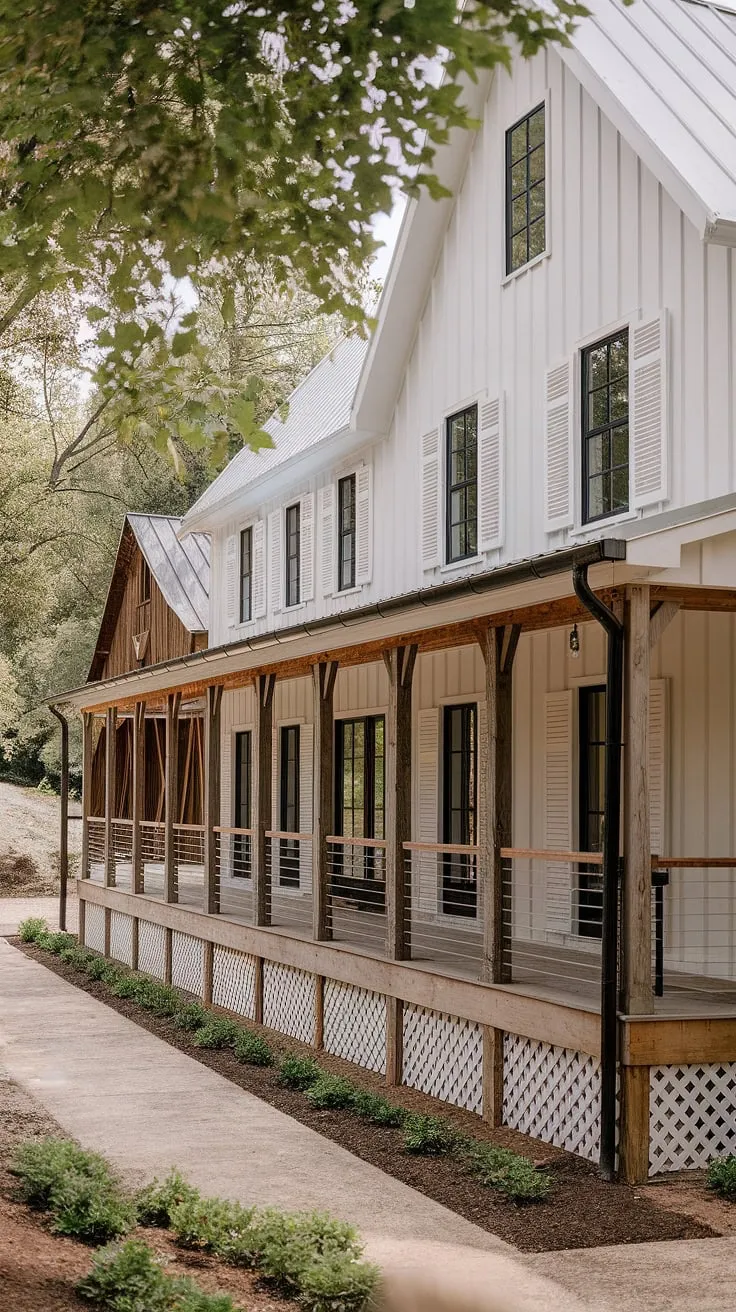 With its white house adorned with shutters, black and wood accents, and a barn-style structure, this remodel showcases stunning small farmhouse exterior ideas and a welcoming atmosphere.